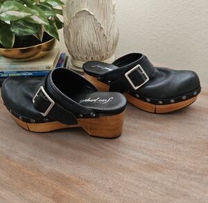 Free People Black Leather Clogs with Wooden Sole